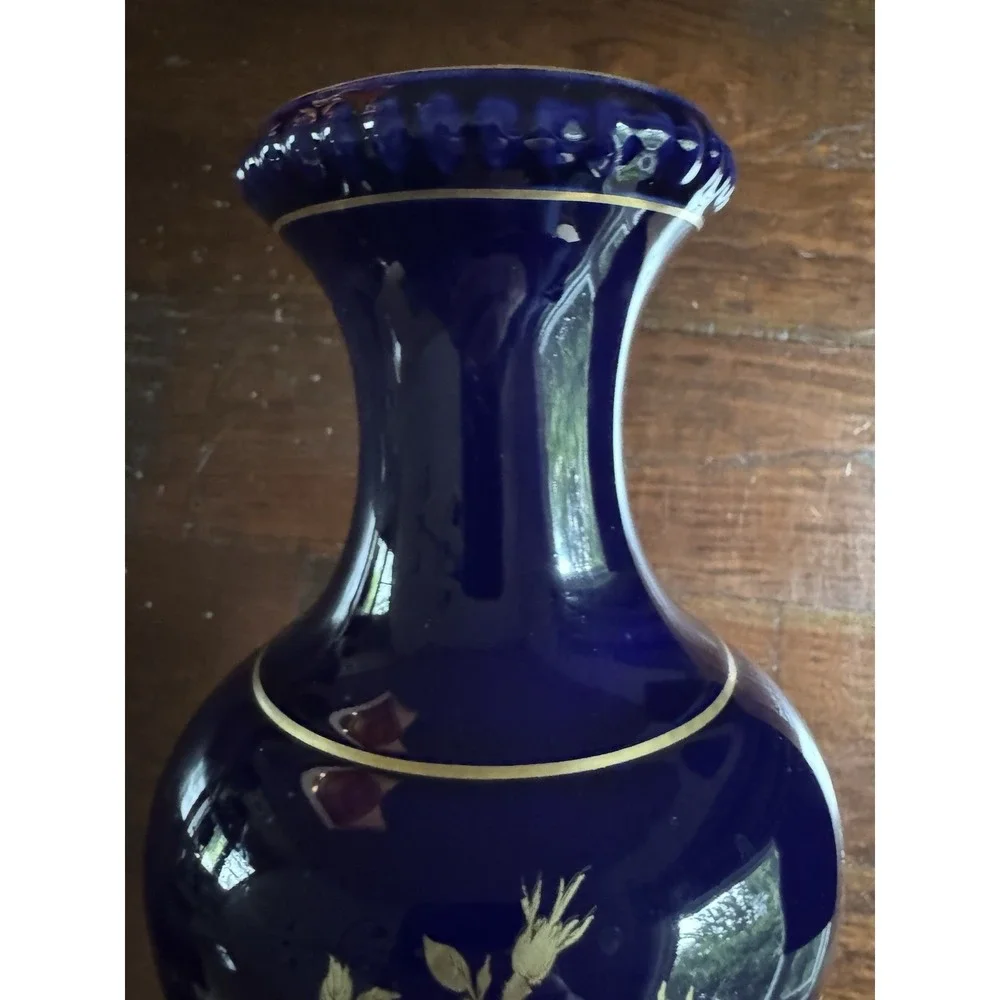 Bareuther Waldsassen Echt Cobalt Blue‎ Vase 22K Gold Floral Rose Sunflower 9.5